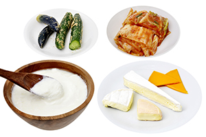 Food with live lactobacillus. Yogurt · Natural cheese · Kimchi